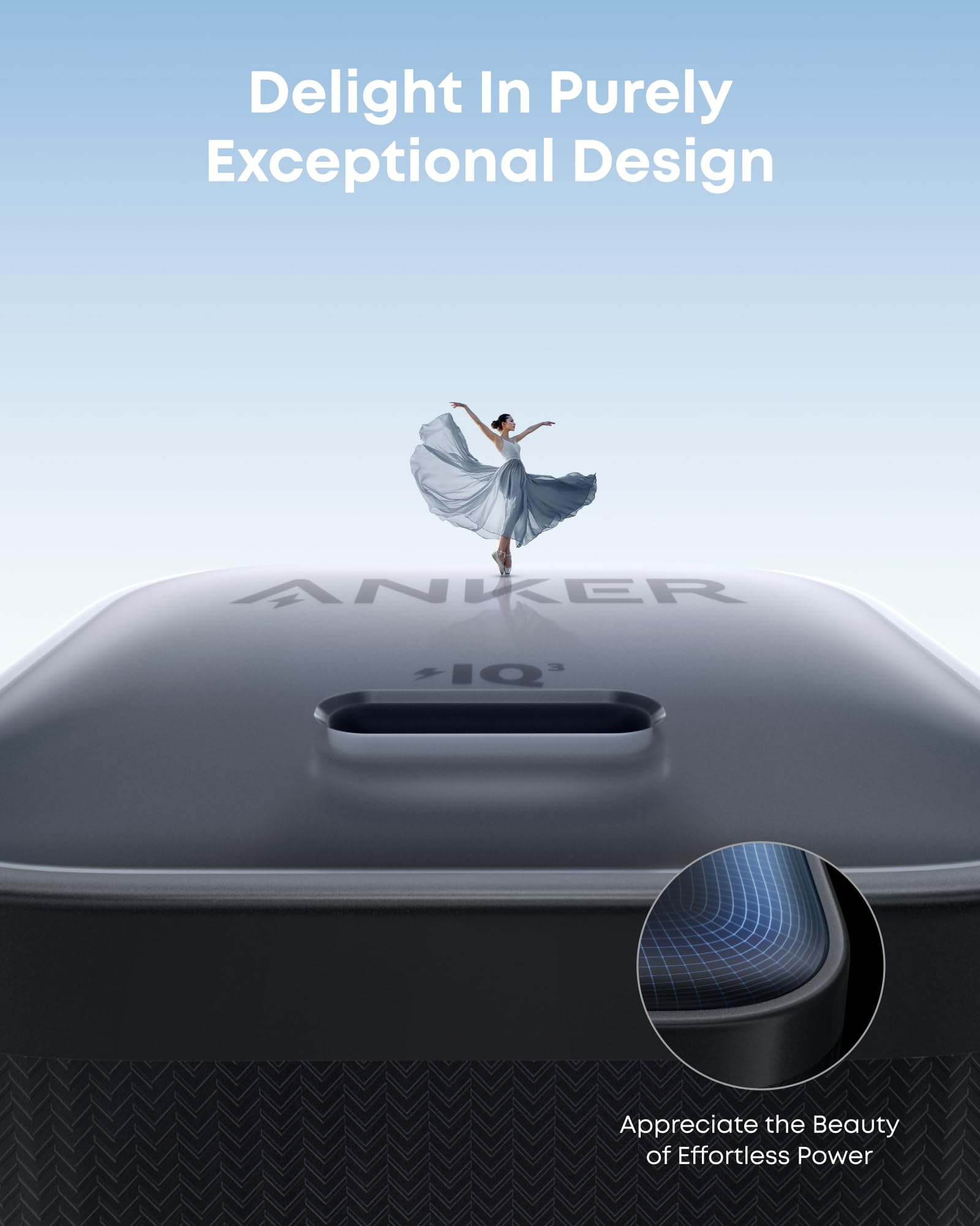 Anker product with a dancer in the background against a blue sky