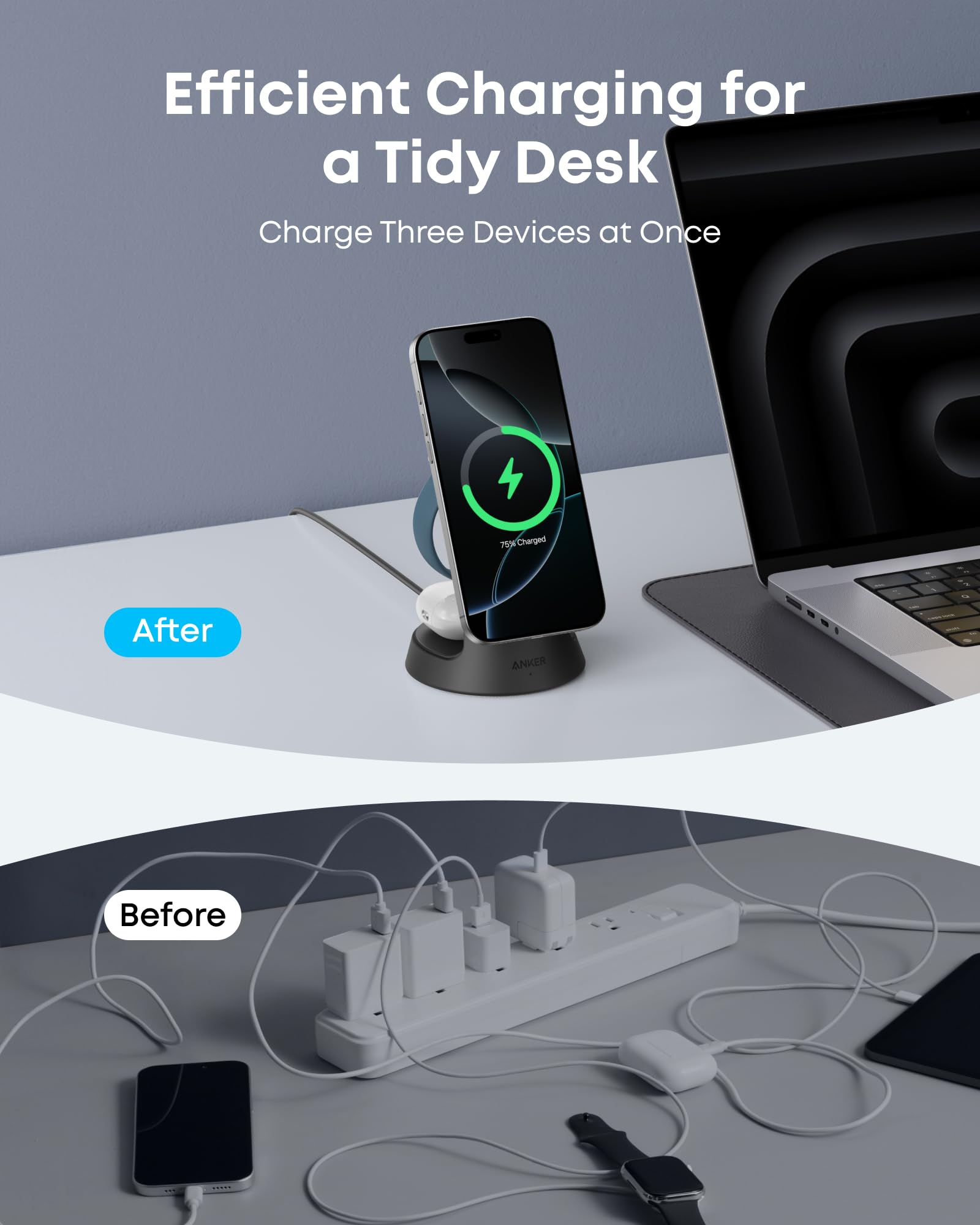 Desk setup with a charging station for multiple devices, before and after comparison.