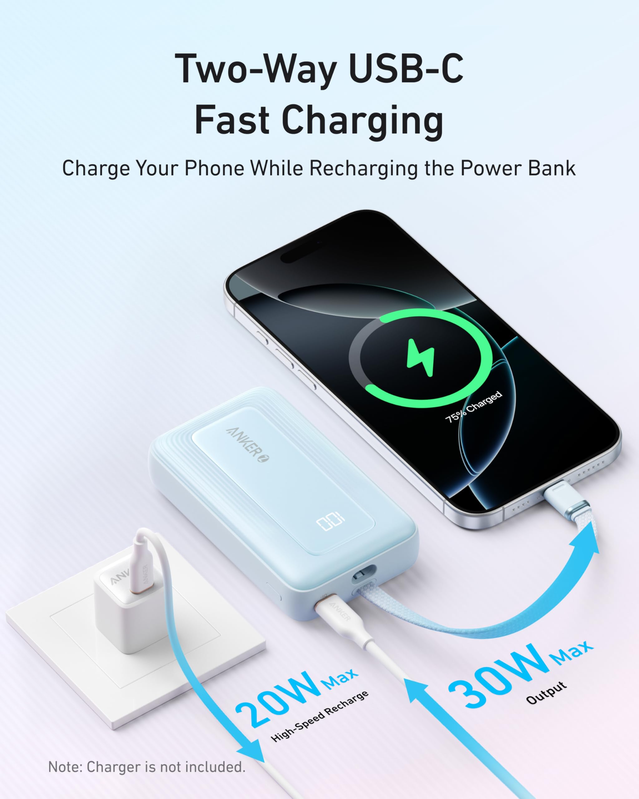 Two-way USB-C fast charging device with smartphone and power bank on a light blue background