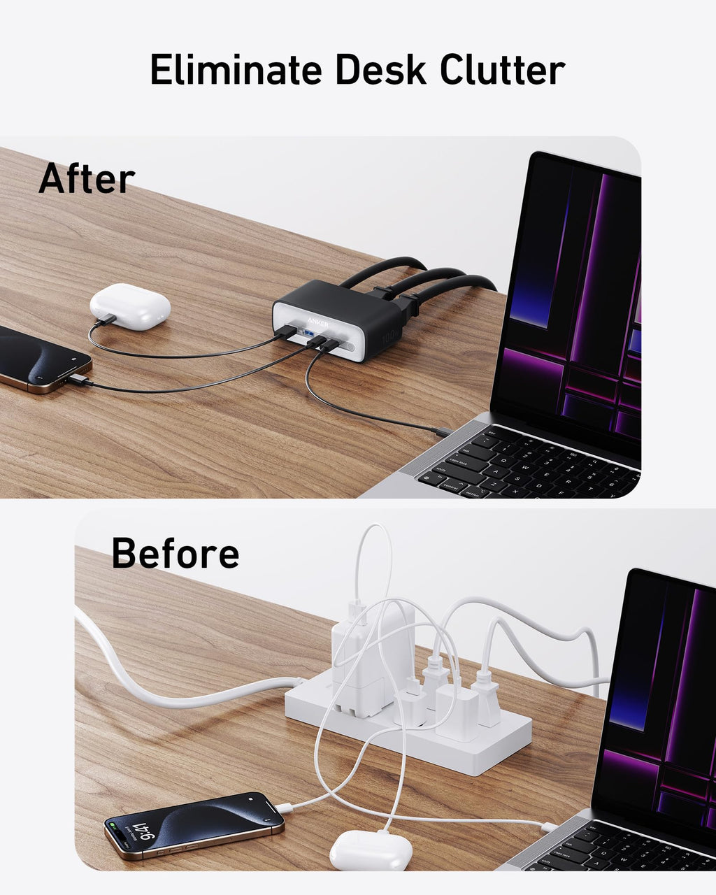 Before and after comparison of a desk with cluttered and organized cables using a USB hub.
