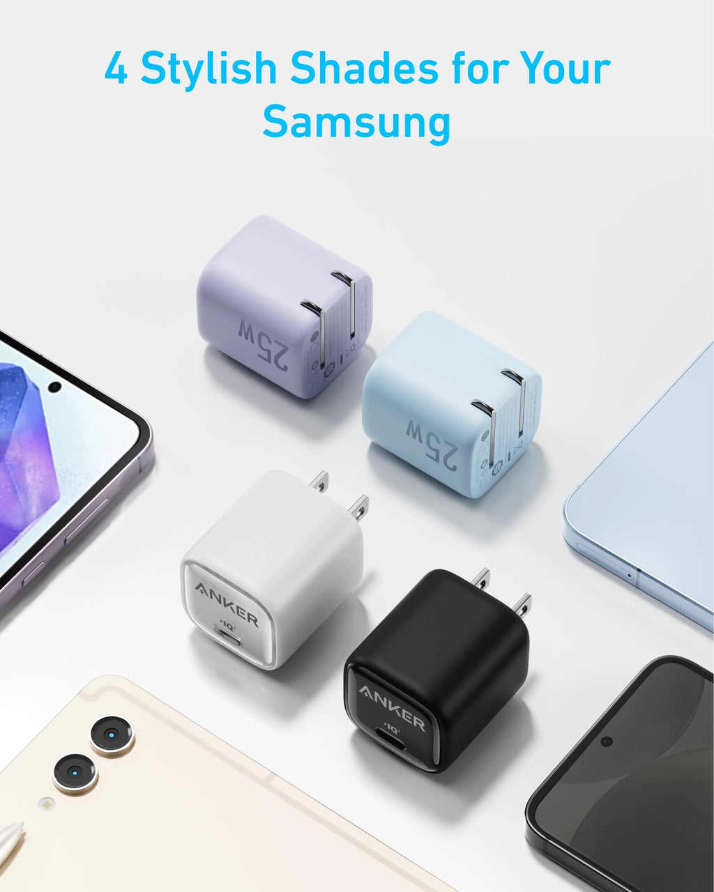 Samsung accessories including chargers and cases on a light gray background with '4 Stylish Shades for Your Samsung' text.