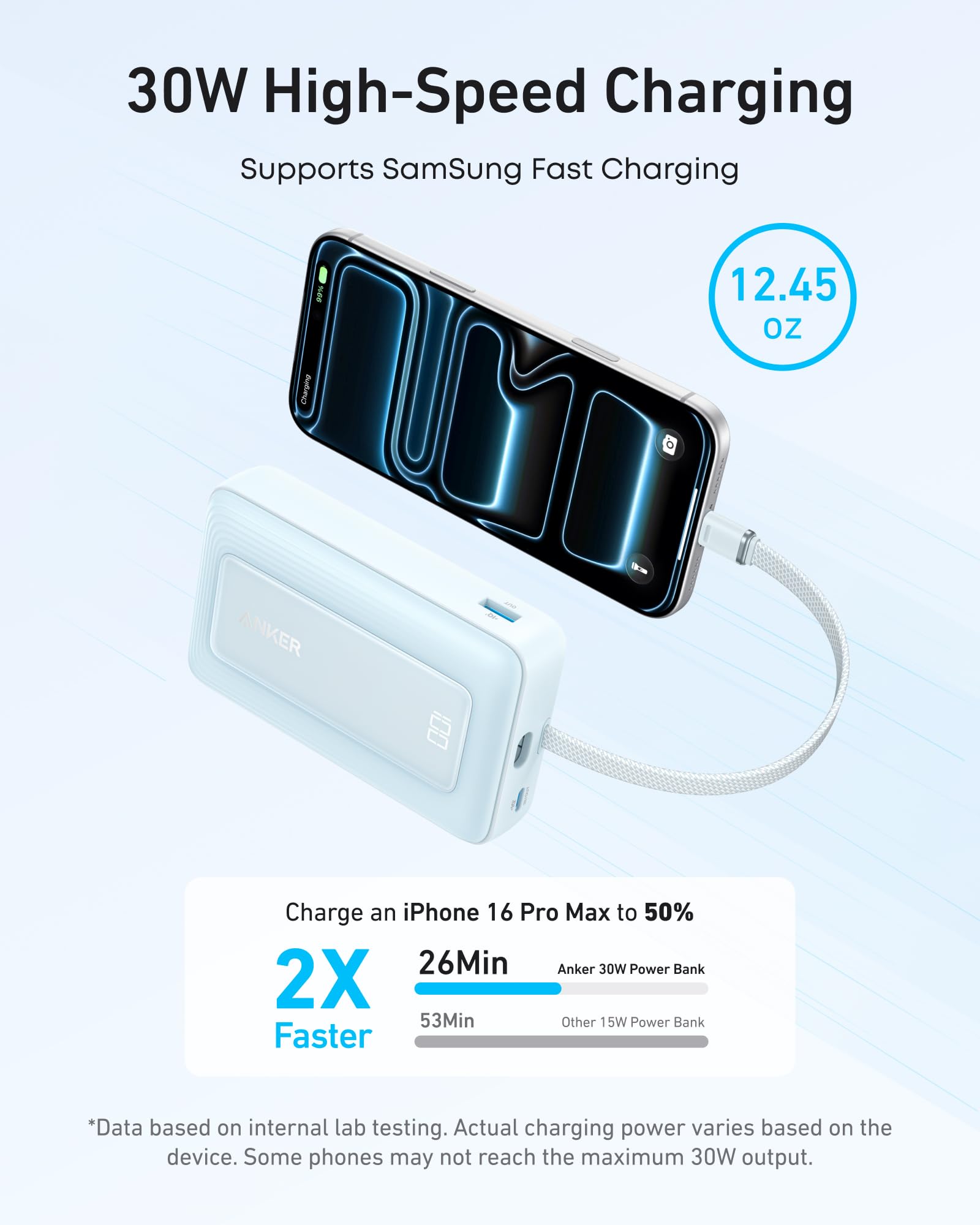 Phone with power bank and text about 30W high-speed charging on a light blue background