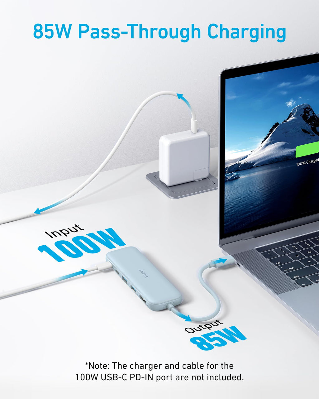 85W pass-through charging setup with laptop and power adapter on a white surface.
