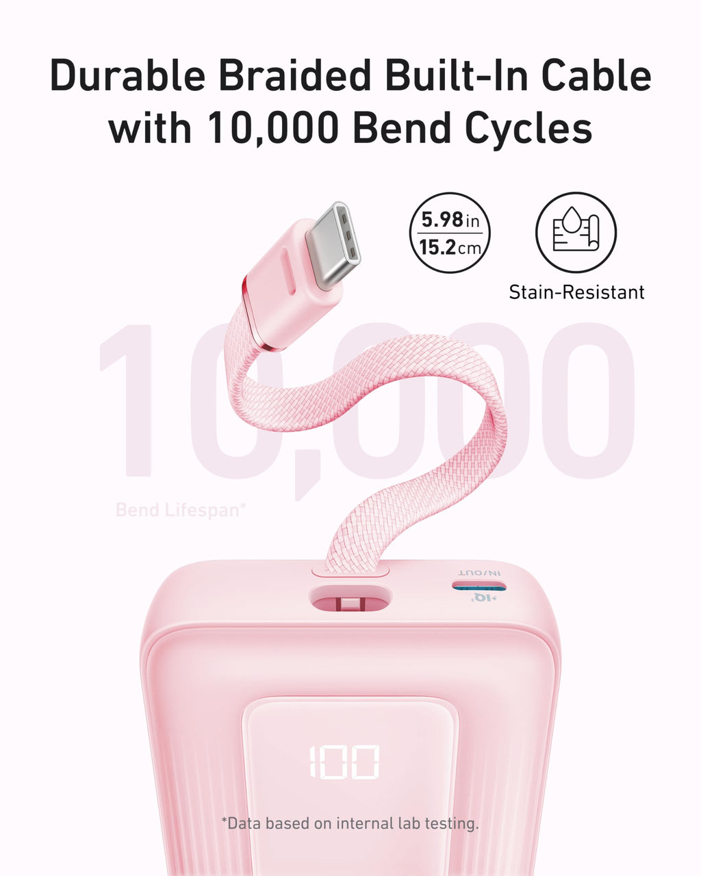 Pink portable device with durable braided cable on a white background