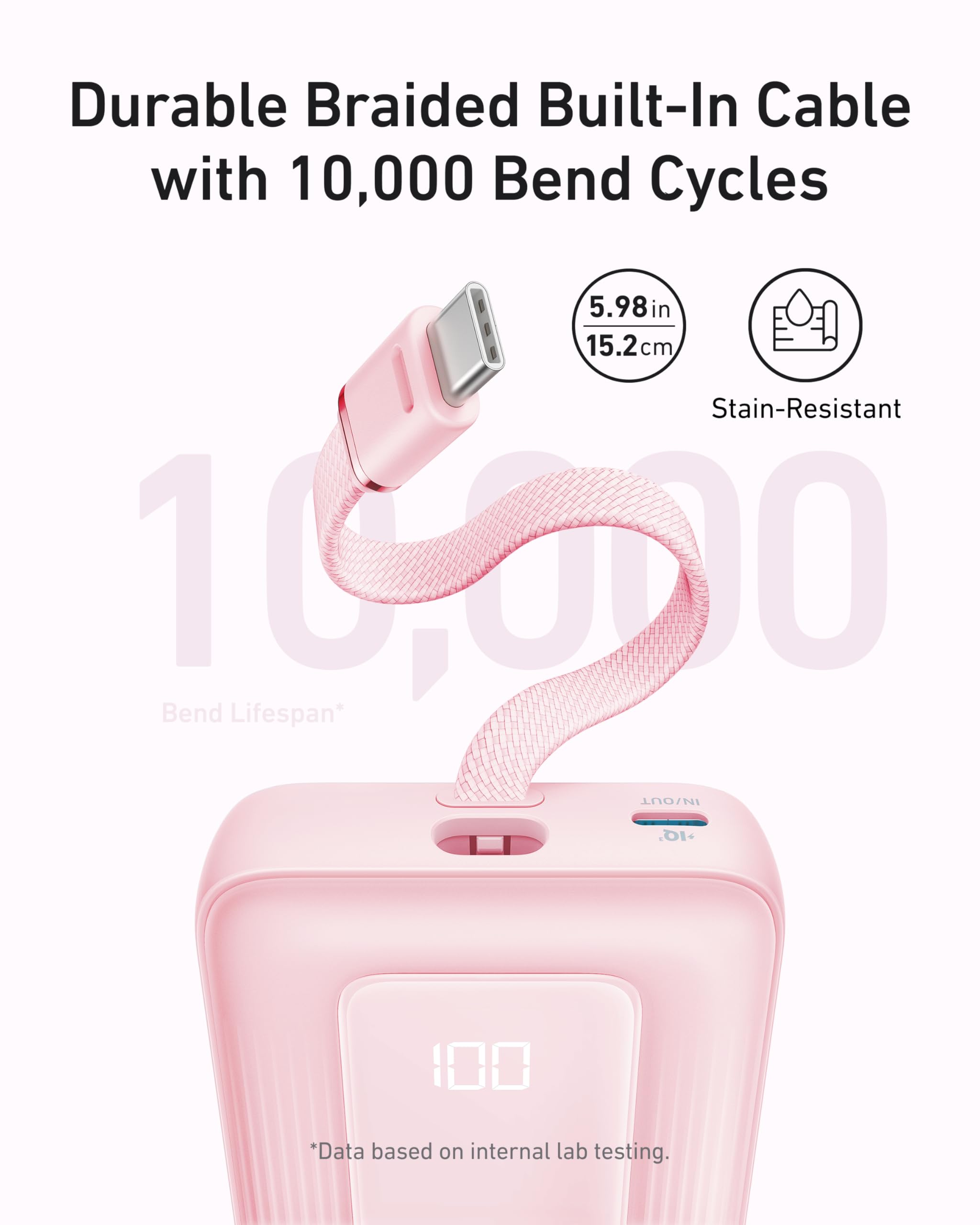 Pink portable device with durable braided cable on a white background