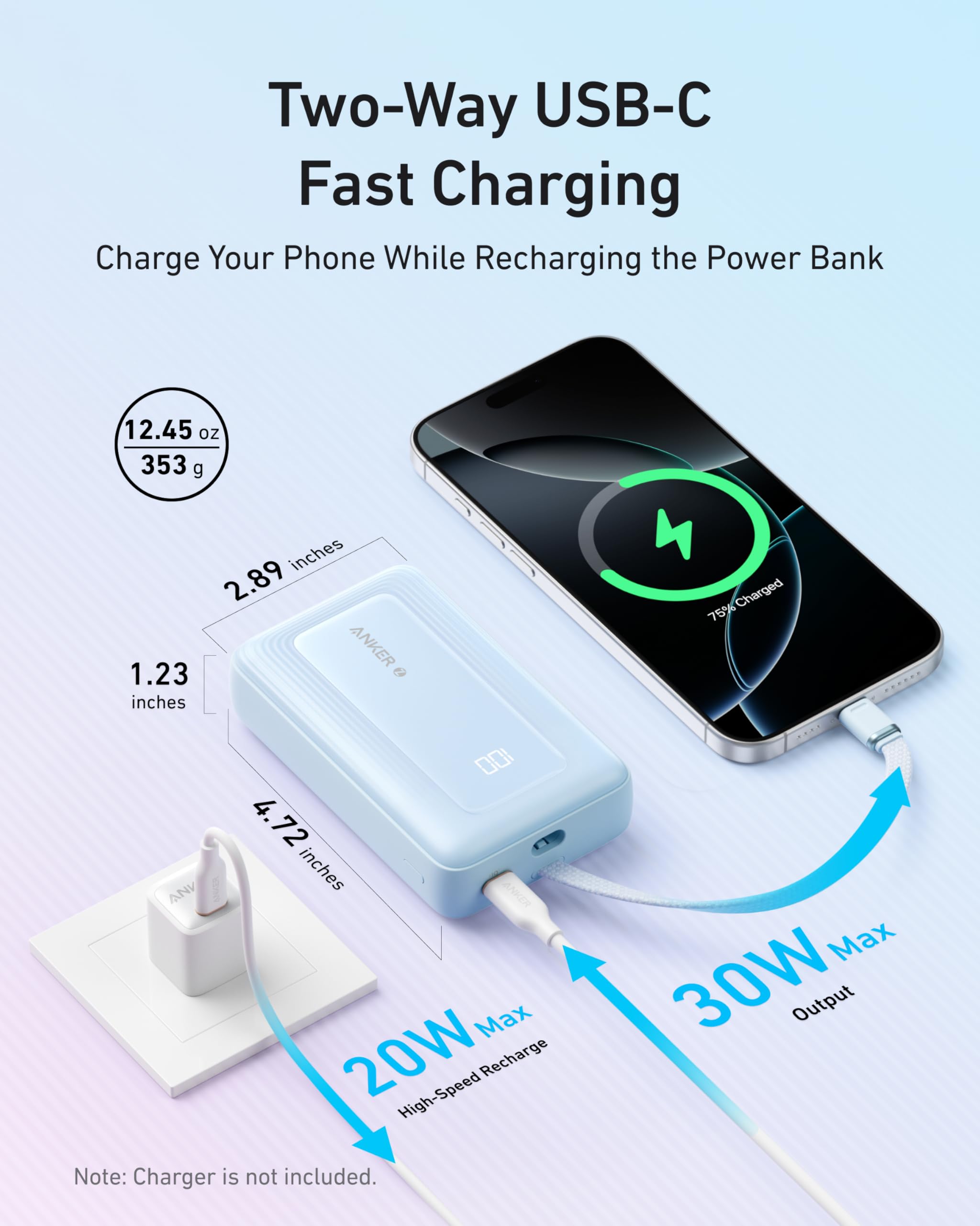 Two-way USB-C fast charging device with smartphone and power bank on a light blue background