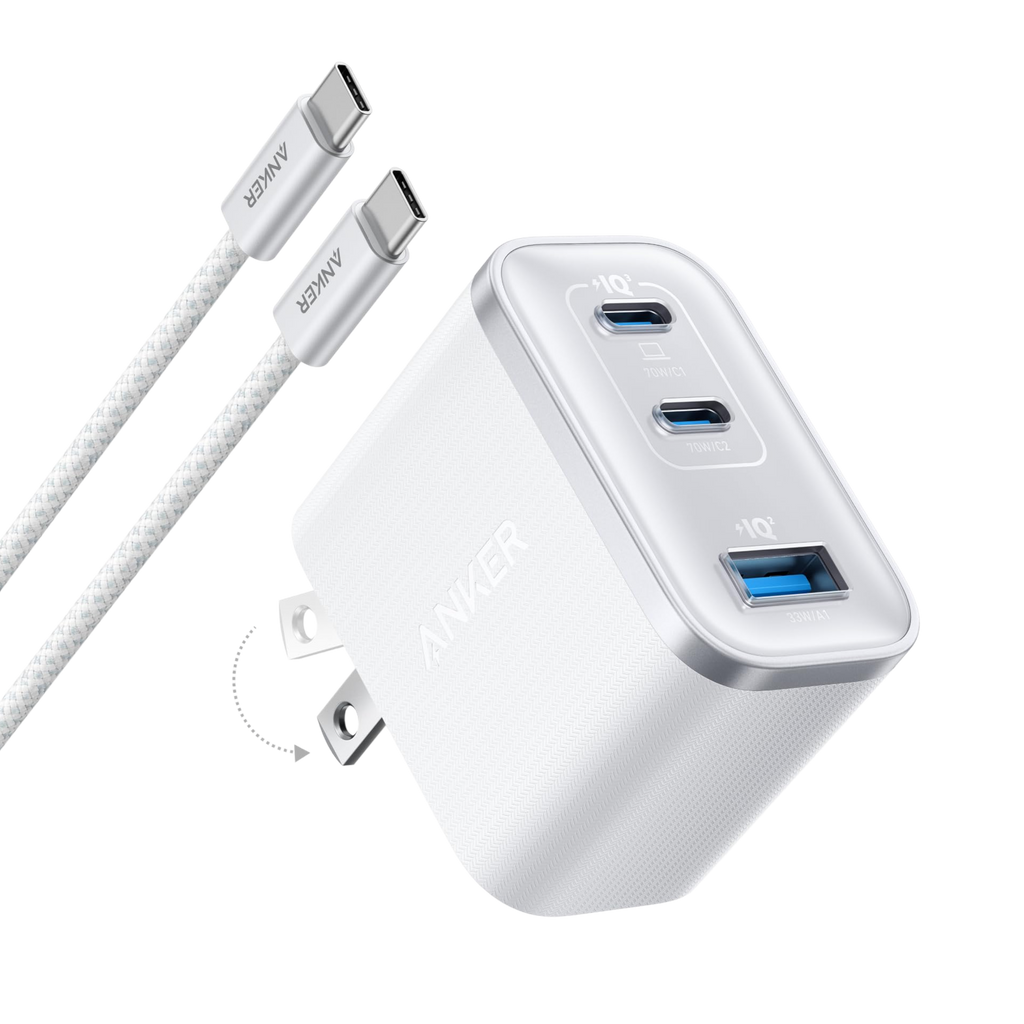 White USB charger with three ports and a cable on a white background