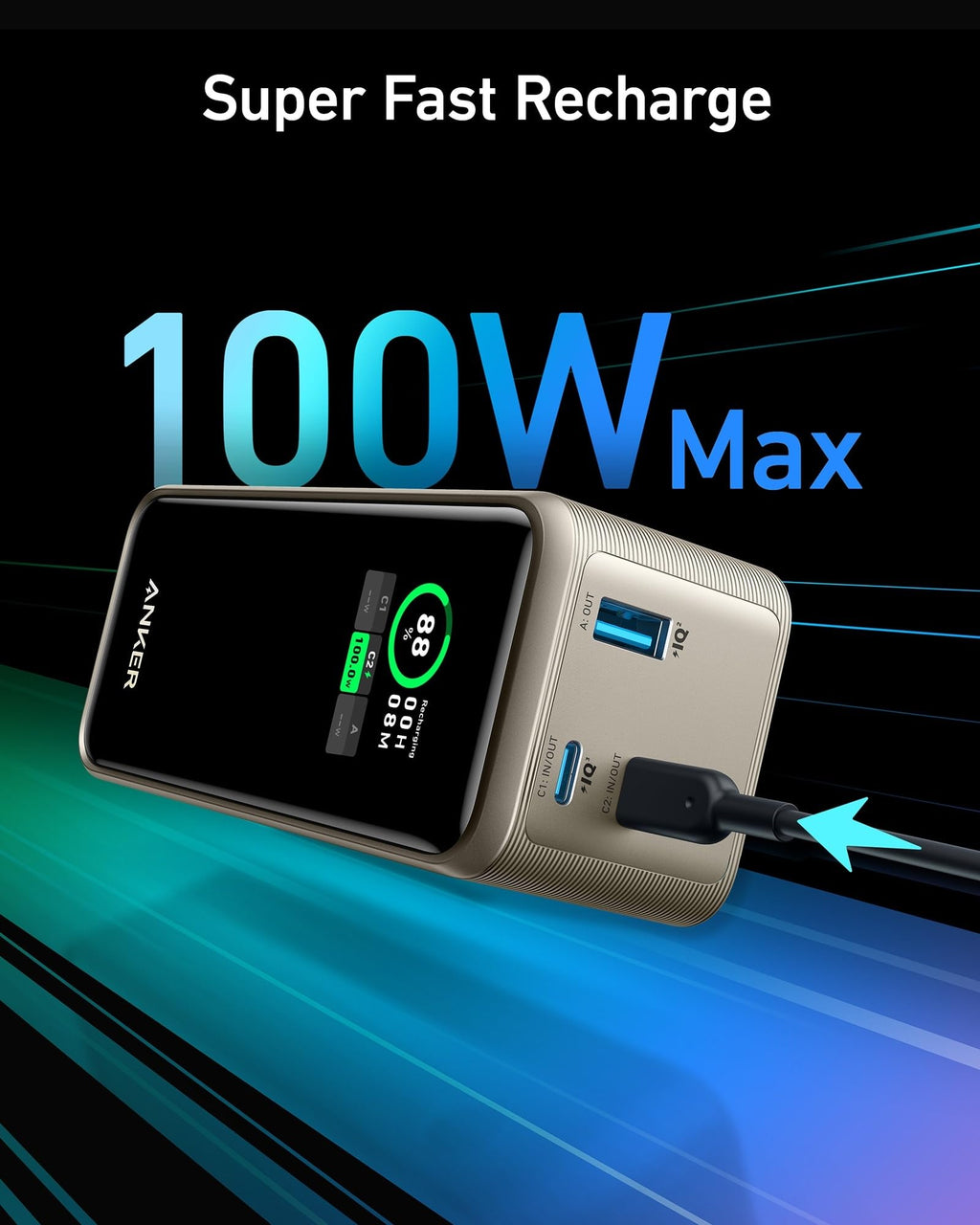 Anker power adapter with 'Super Fast Recharge 100W Max' text on a black and blue gradient background