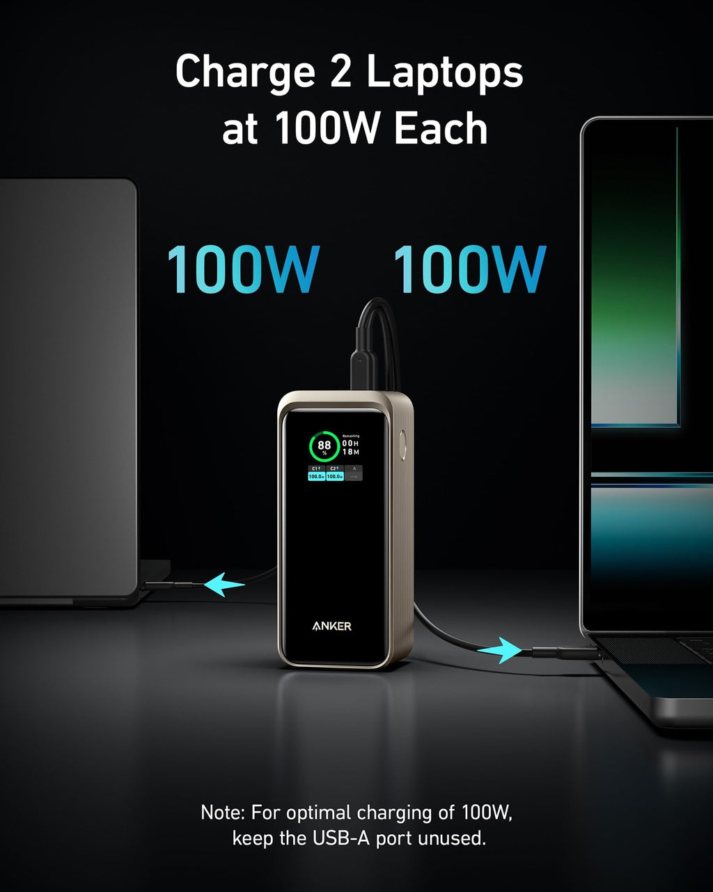 Anker power bank charging two laptops with 100W each on a dark background
