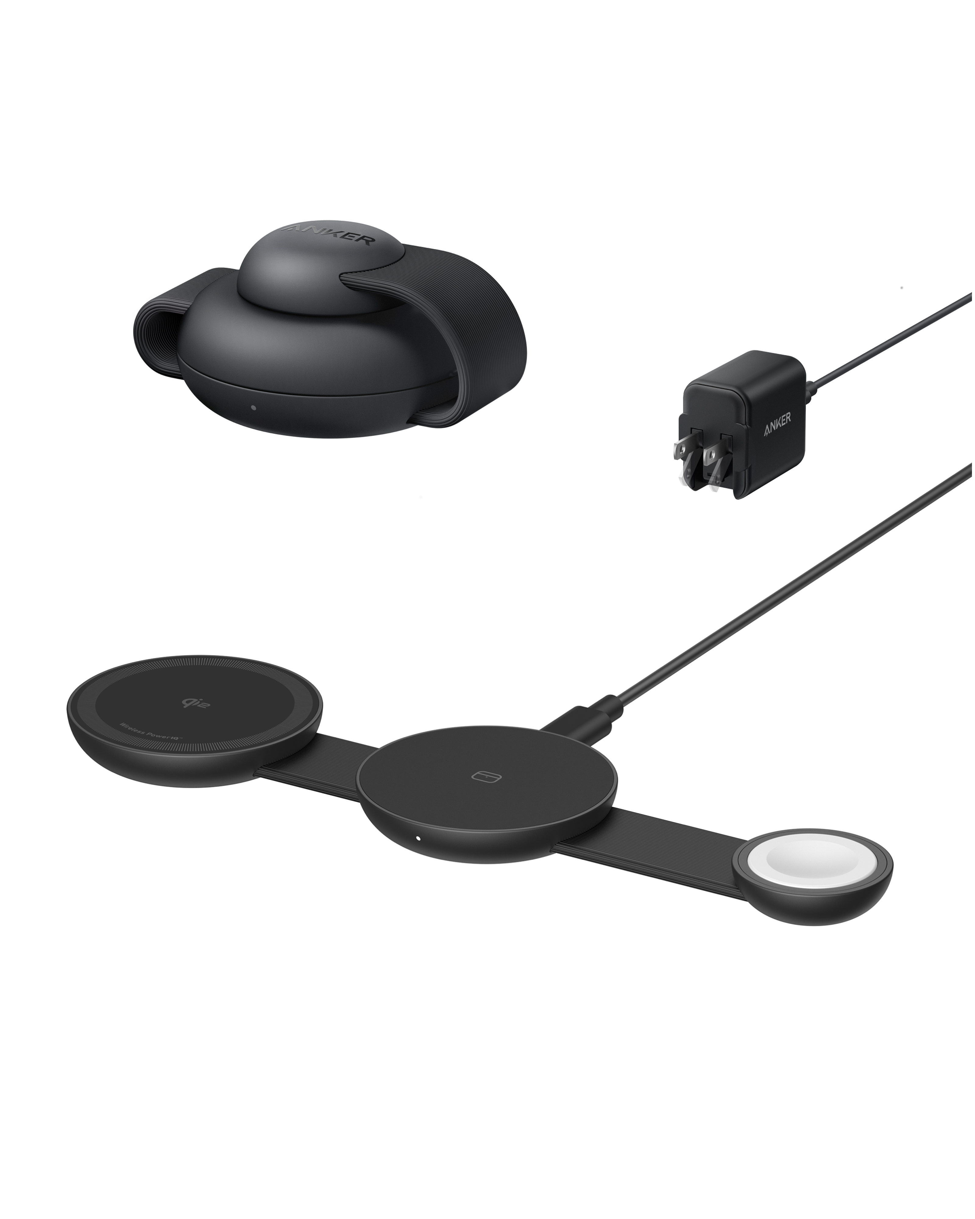 Black wireless charging pad with cable on a white background
