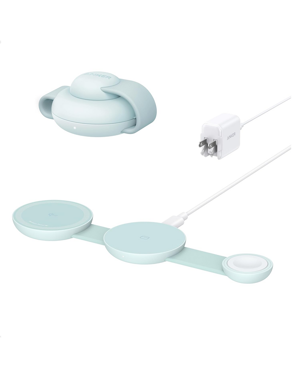 Light blue wireless charging pad with power adapter on a white background