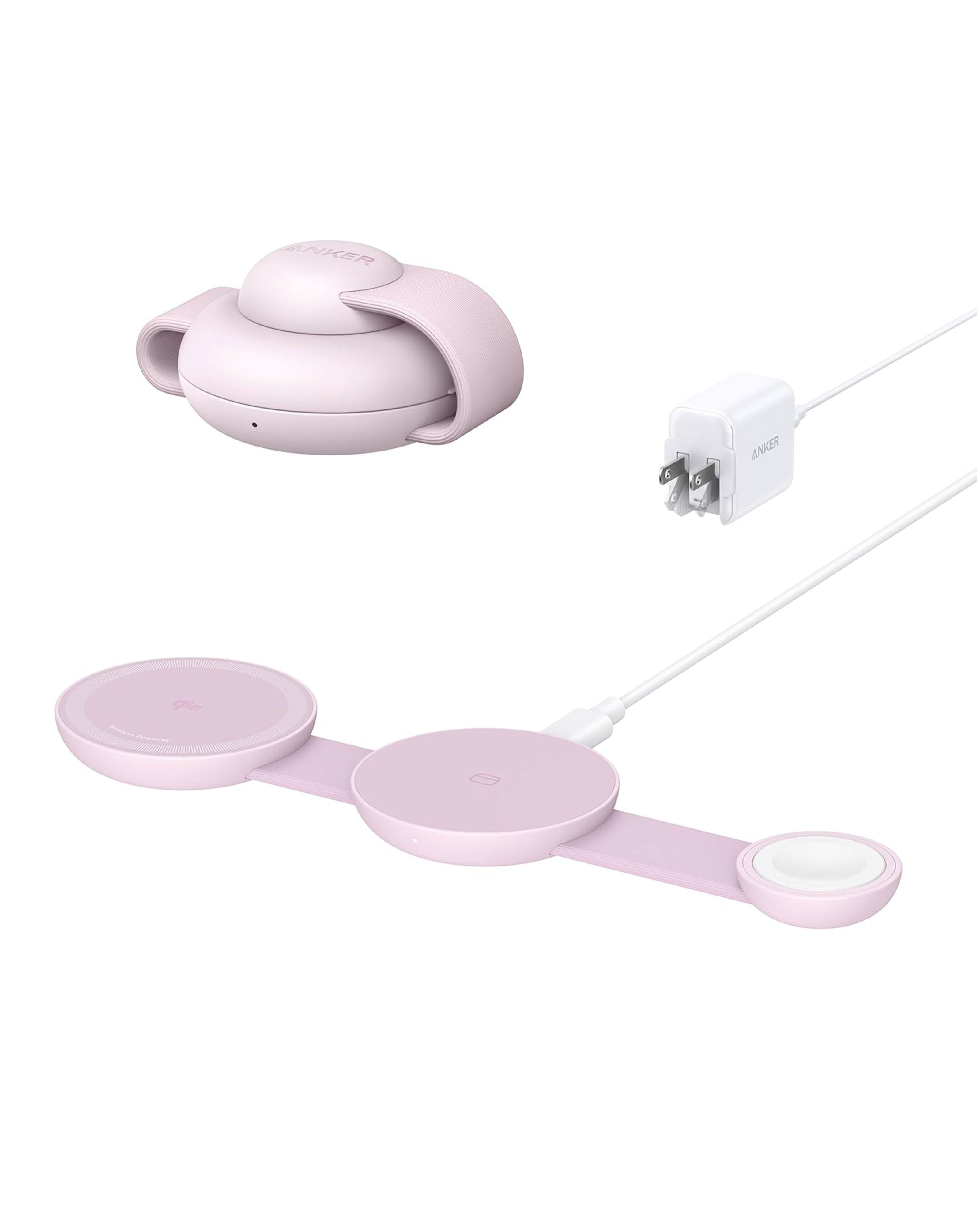 Pink wireless charging pad with cable on a white background