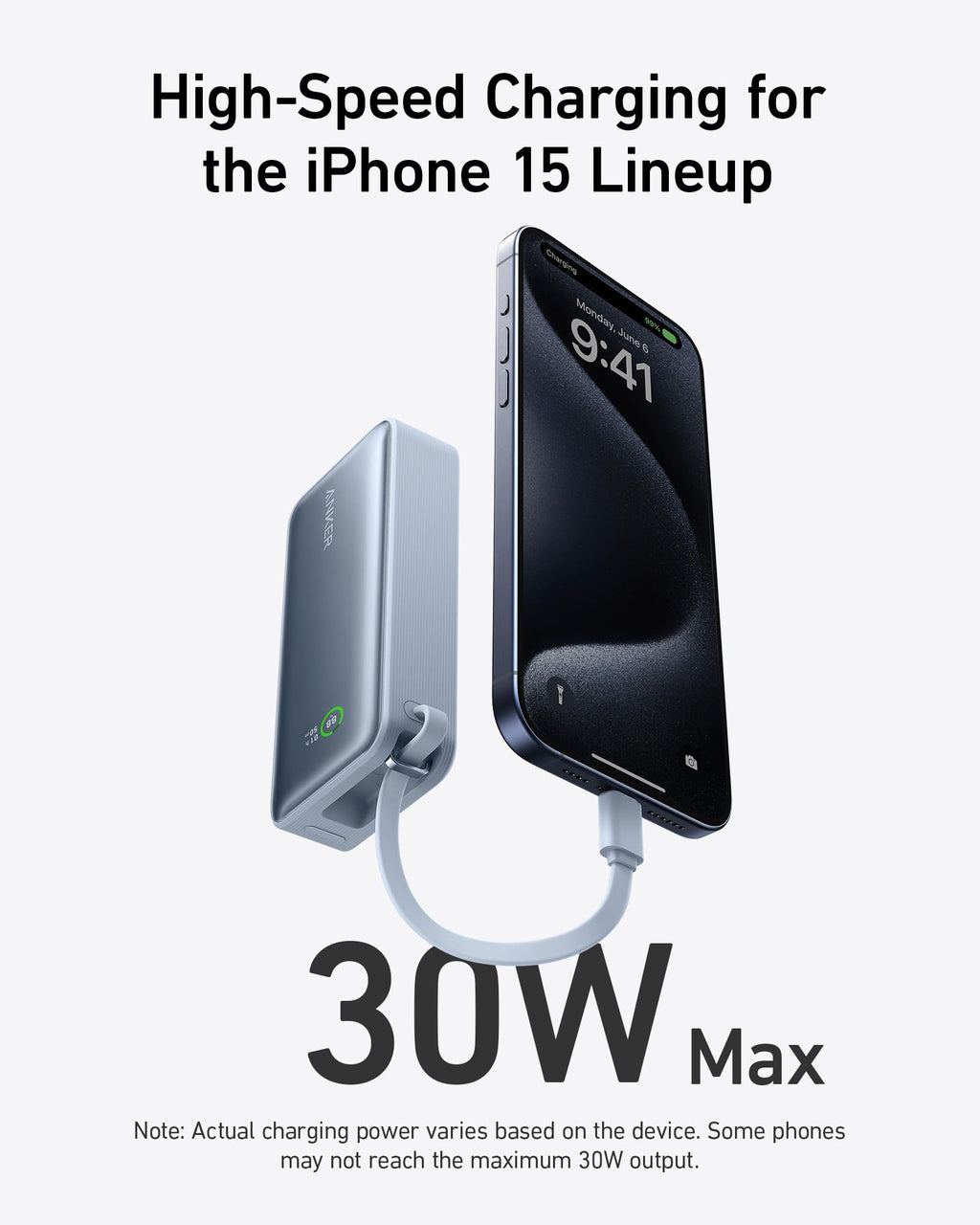 Phone with charging cable and text about high-speed charging for iPhone 15 lineup.