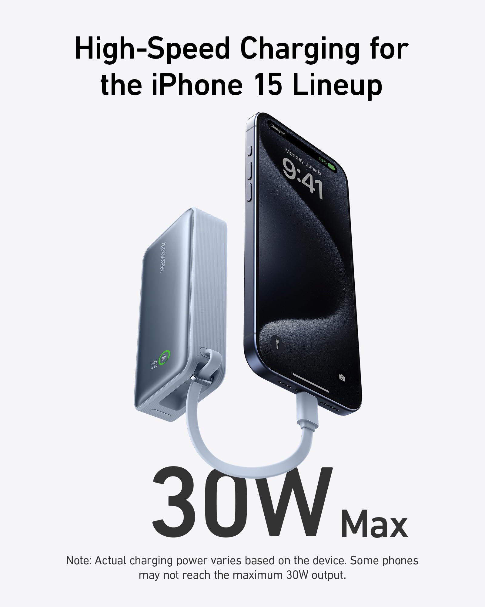 Phone with charging cable and text about high-speed charging for iPhone 15 lineup.