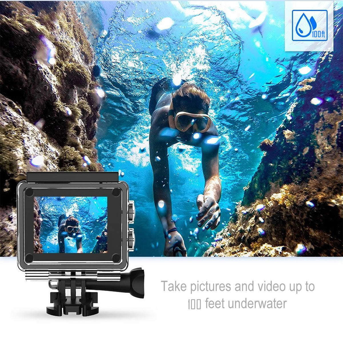 Action camera underwater with scuba diver and coral reef