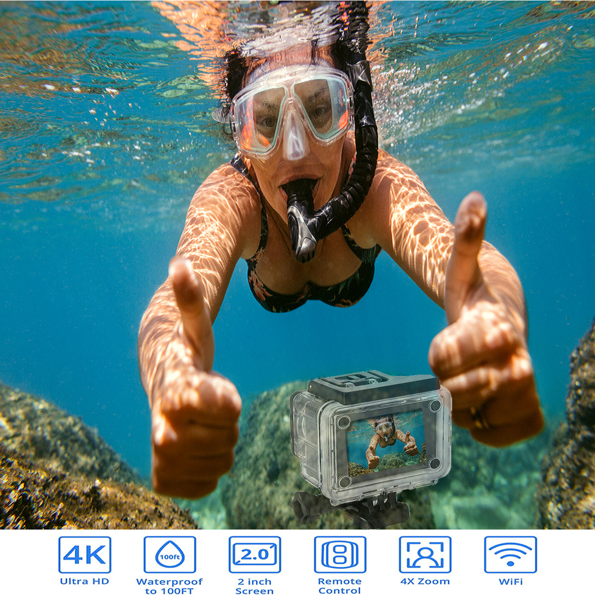 Person underwater with snorkel gear, showing a thumbs-up, and an action camera displaying a video of a dog.