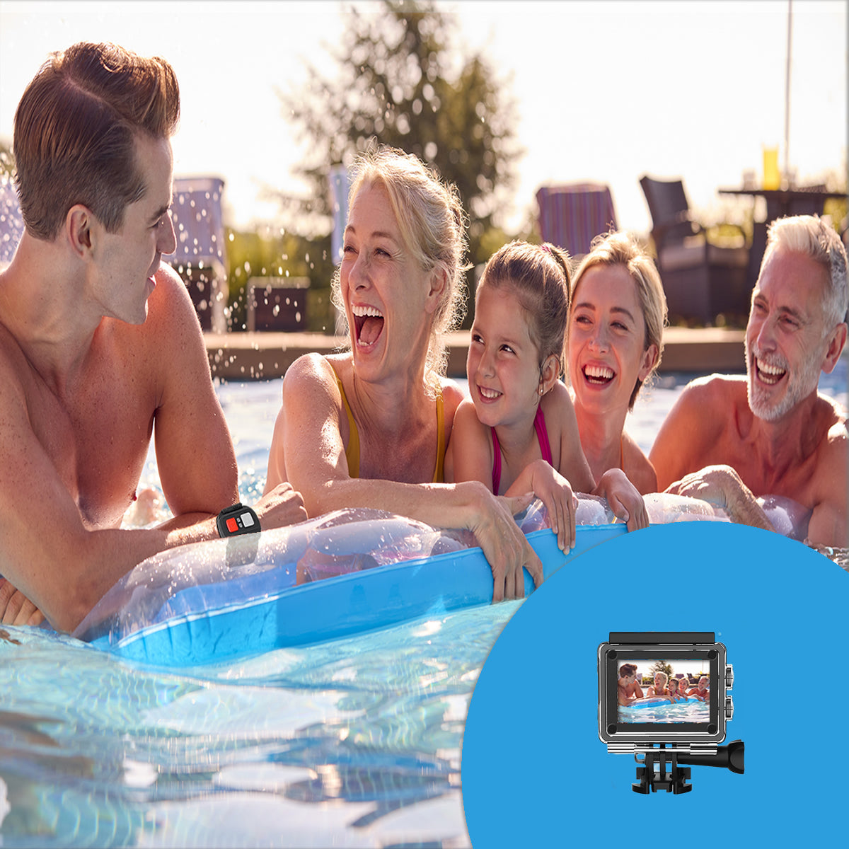 Family enjoying time in a pool with an inflatable raft, camera on a stand.