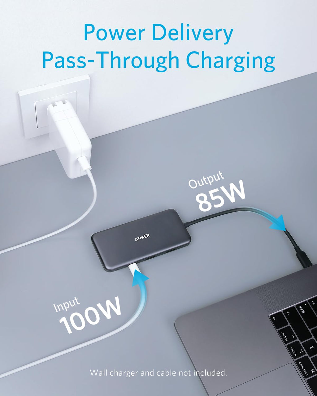 Power delivery pass-through charging setup with laptop, adapter, and cable on a gray surface.