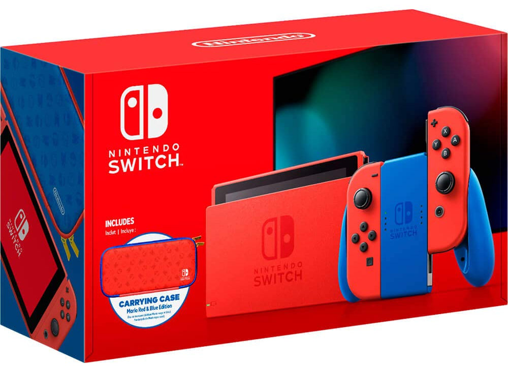 Red and blue Nintendo Switch packaging with carrying case on a white background