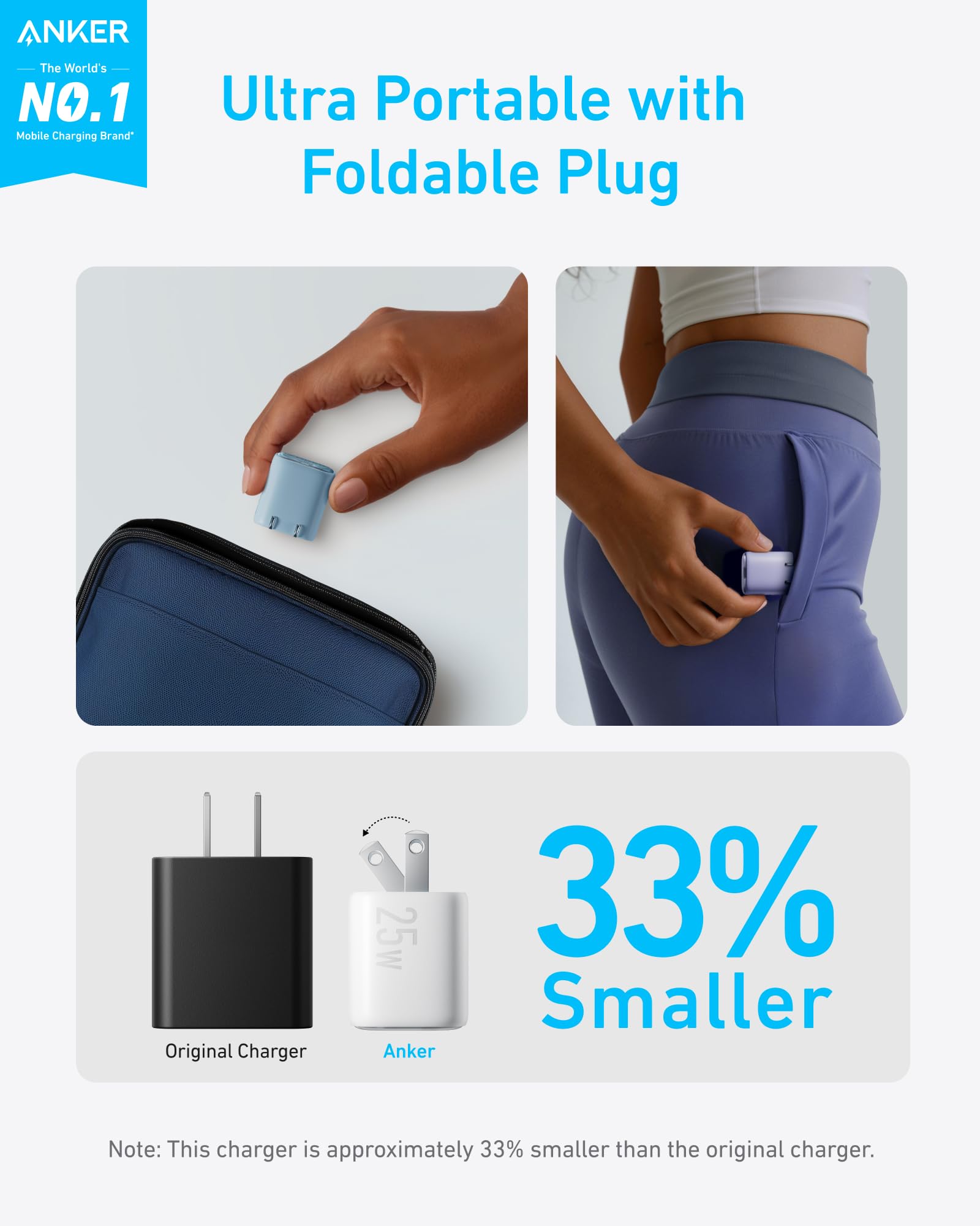 Anker charger with foldable plug, showing size comparison and portability.
