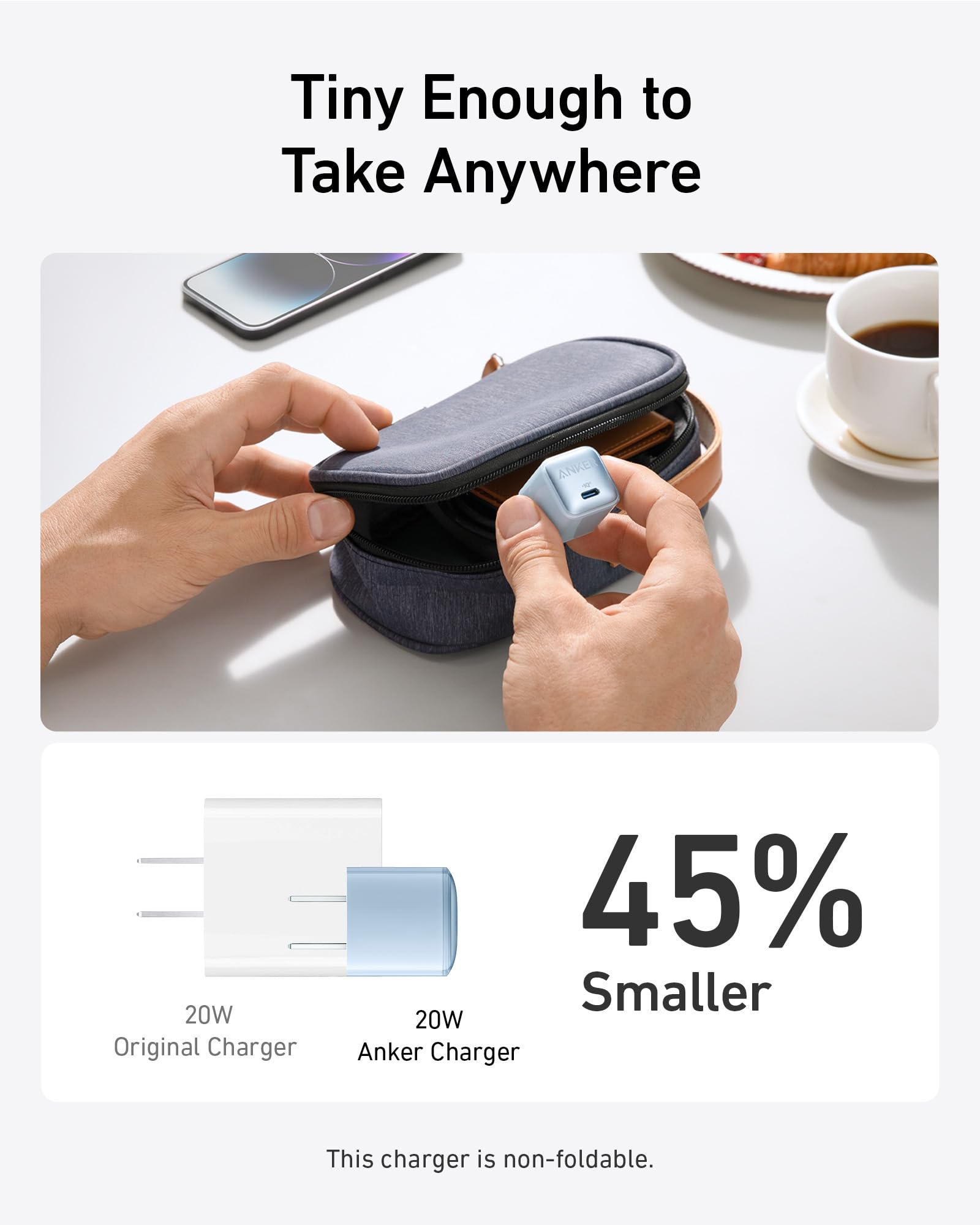 Small electronic device being held open with a 20W charger and Anker charger displayed below, on a white surface.