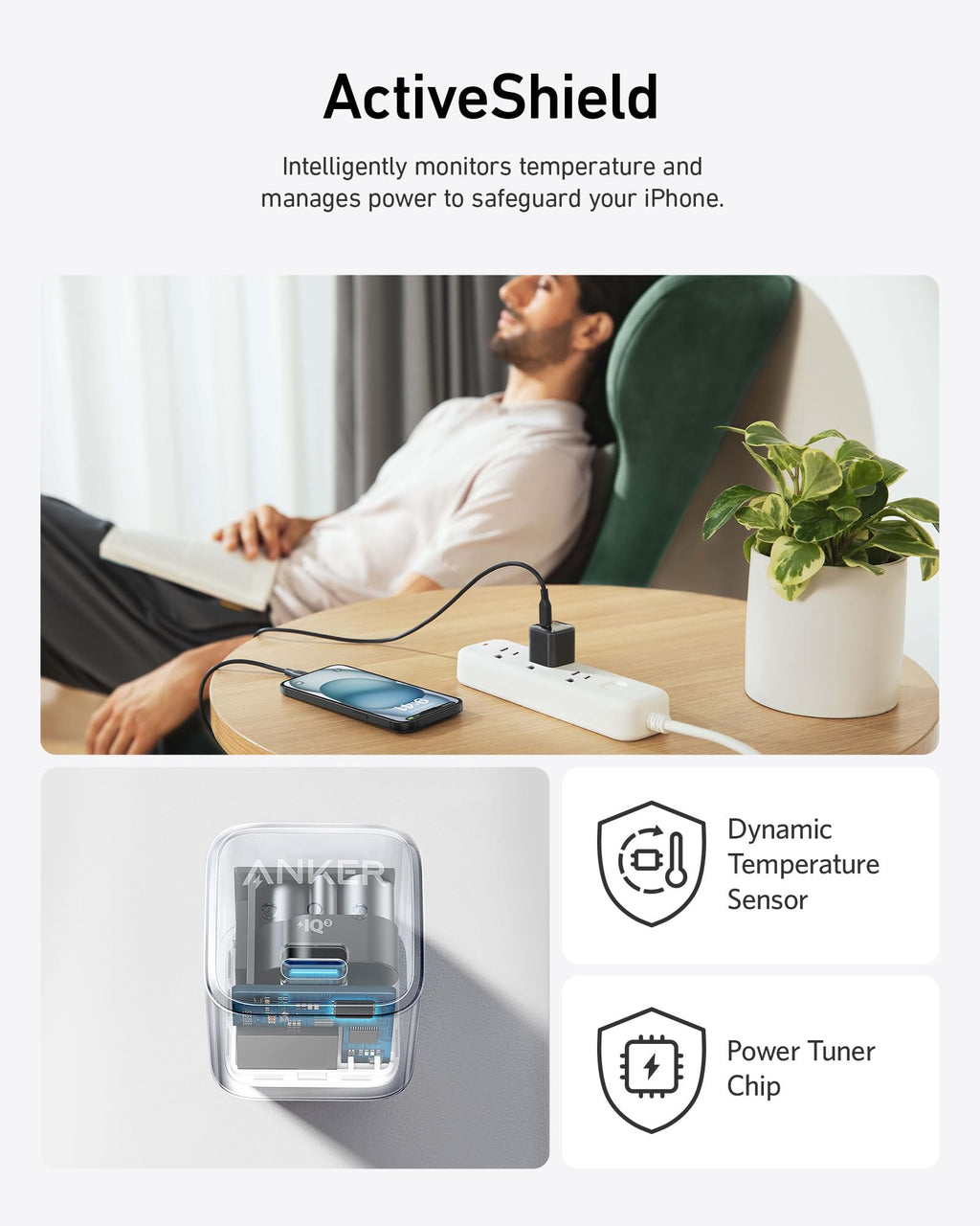 ActiveShield product with a person using an iPhone, dynamic temperature sensor, and power tuner chip icons.