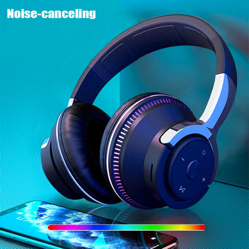 Blue noise-canceling headphones with smartphone displaying music app on a blue gradient background