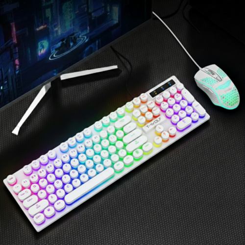 Colorful keyboard and mouse on a desk with a dark background