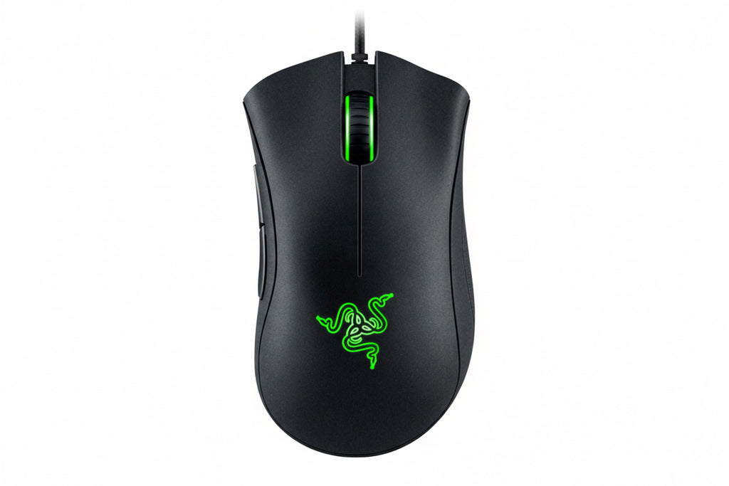 Black gaming mouse with green accents and Razer logo on a white background