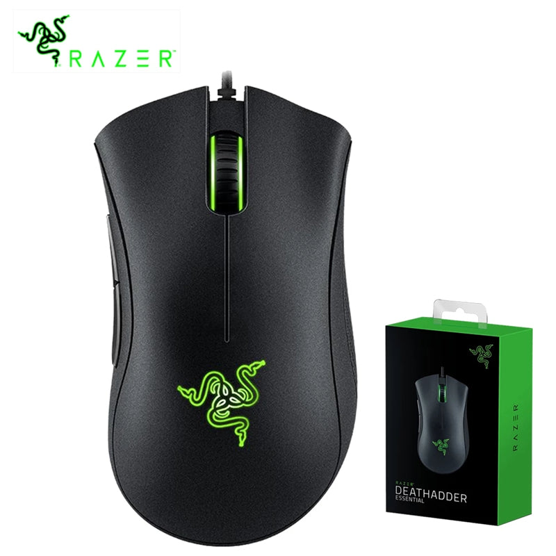 Black Razer gaming mouse with green logo and packaging on a white background