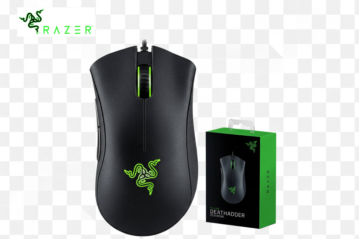Black Razer gaming mouse with green logo and packaging on a white background