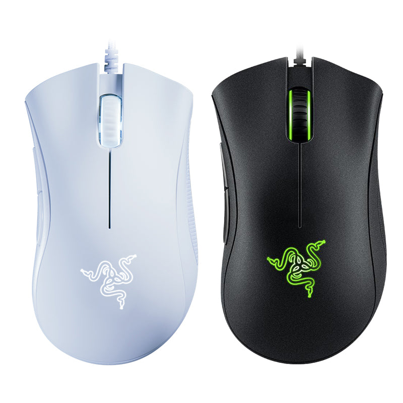 Two Razer gaming mice, one white and one black, on a white background.