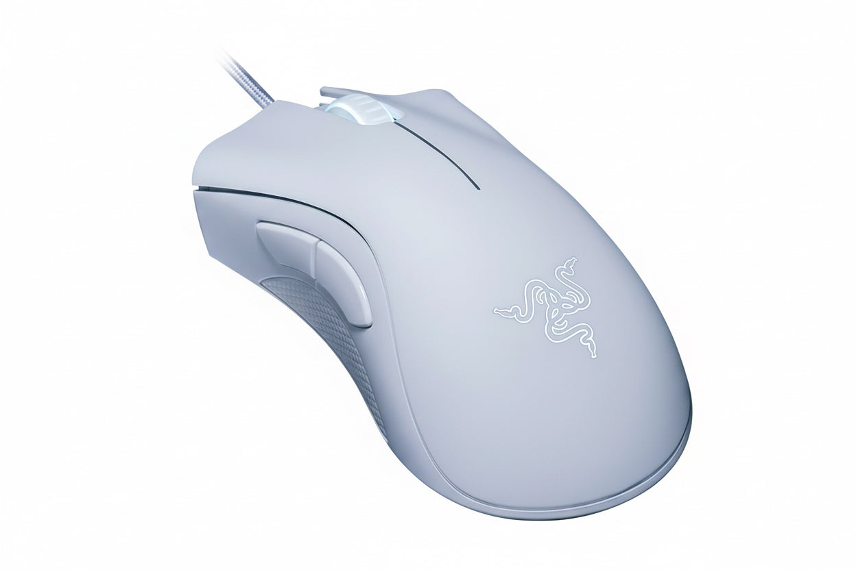 White gaming mouse with Razer logo on a white background