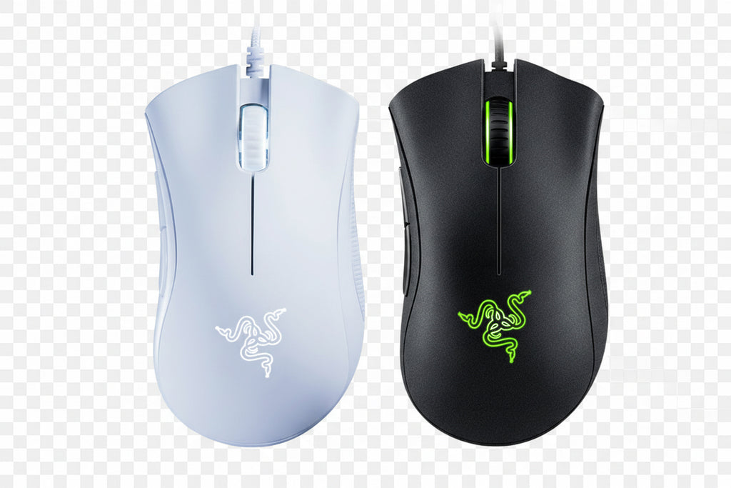 Two Razer gaming mice, one white and one black, on a white background.