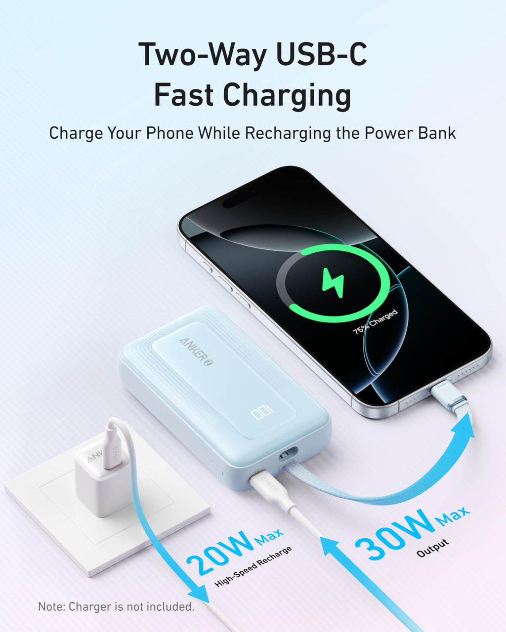 Two-way USB-C fast charging device with smartphone and power bank on a light blue background