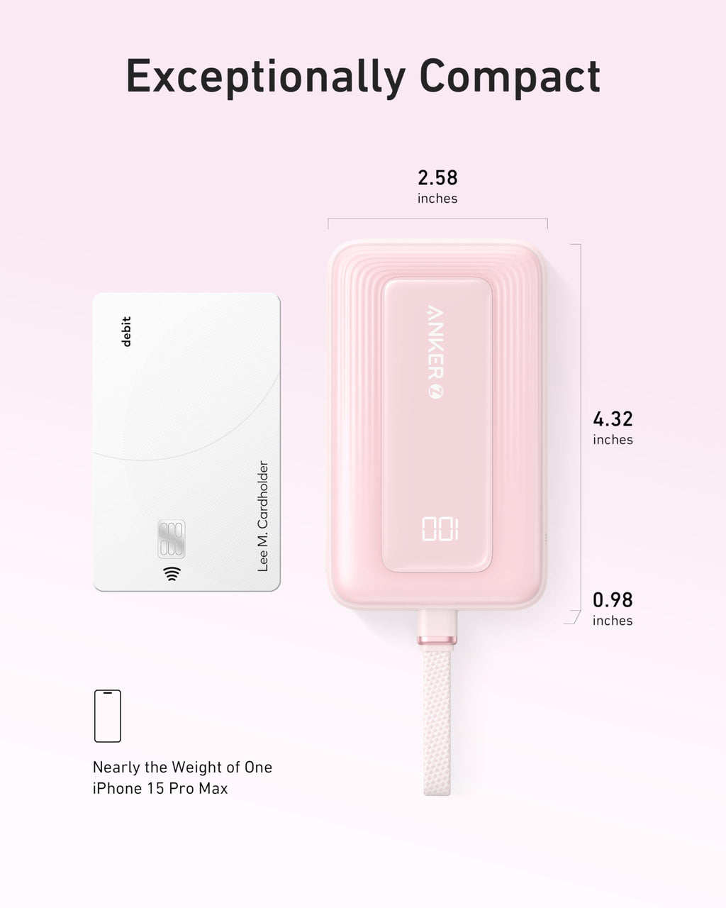 Pink electronic device with dimensions and comparison to an iPhone 15 Pro Max on a light pink background