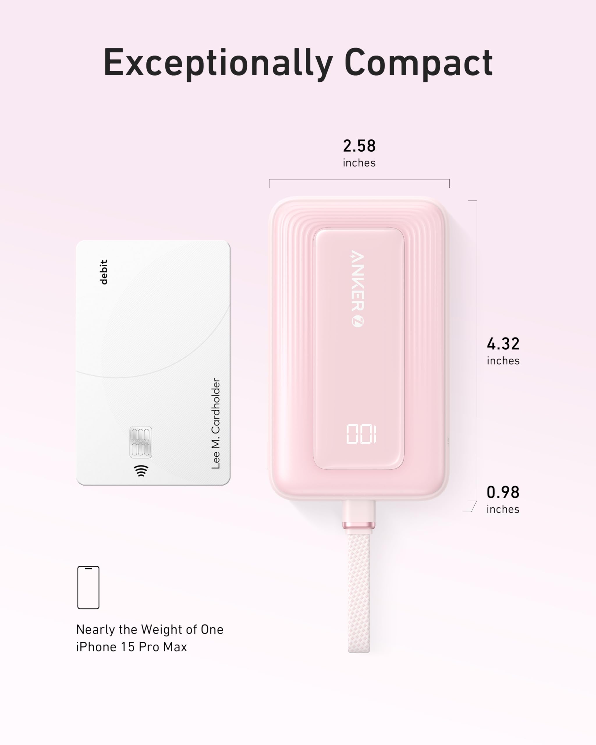 Pink electronic device with dimensions and comparison to an iPhone 15 Pro Max on a light pink background