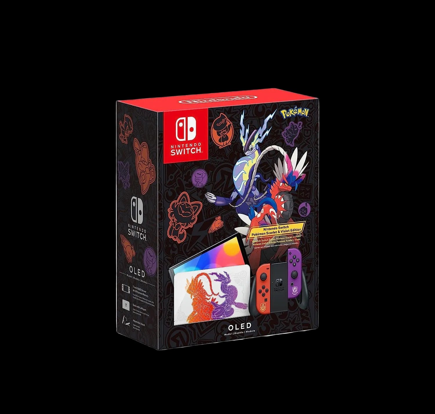 Nintendo Switch OLED packaging with Pokémon design on a white background