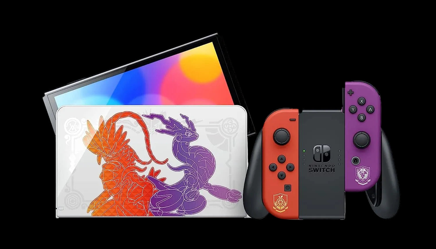 Nintendo Switch console with Joy-Con controllers featuring a dragon design on the screen.