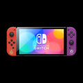 Nintendo Switch console with red and purple controllers on a white background