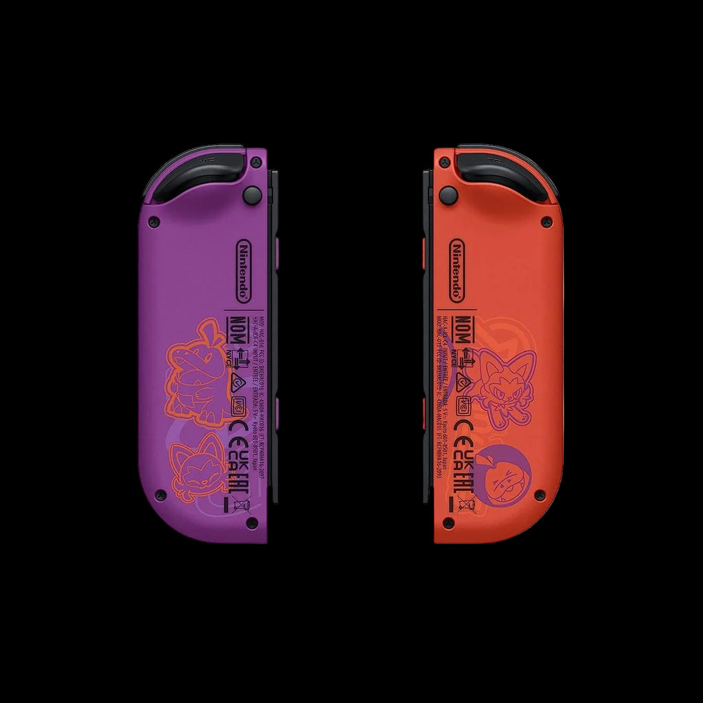 Purple and red handheld gaming consoles with character designs on a white background