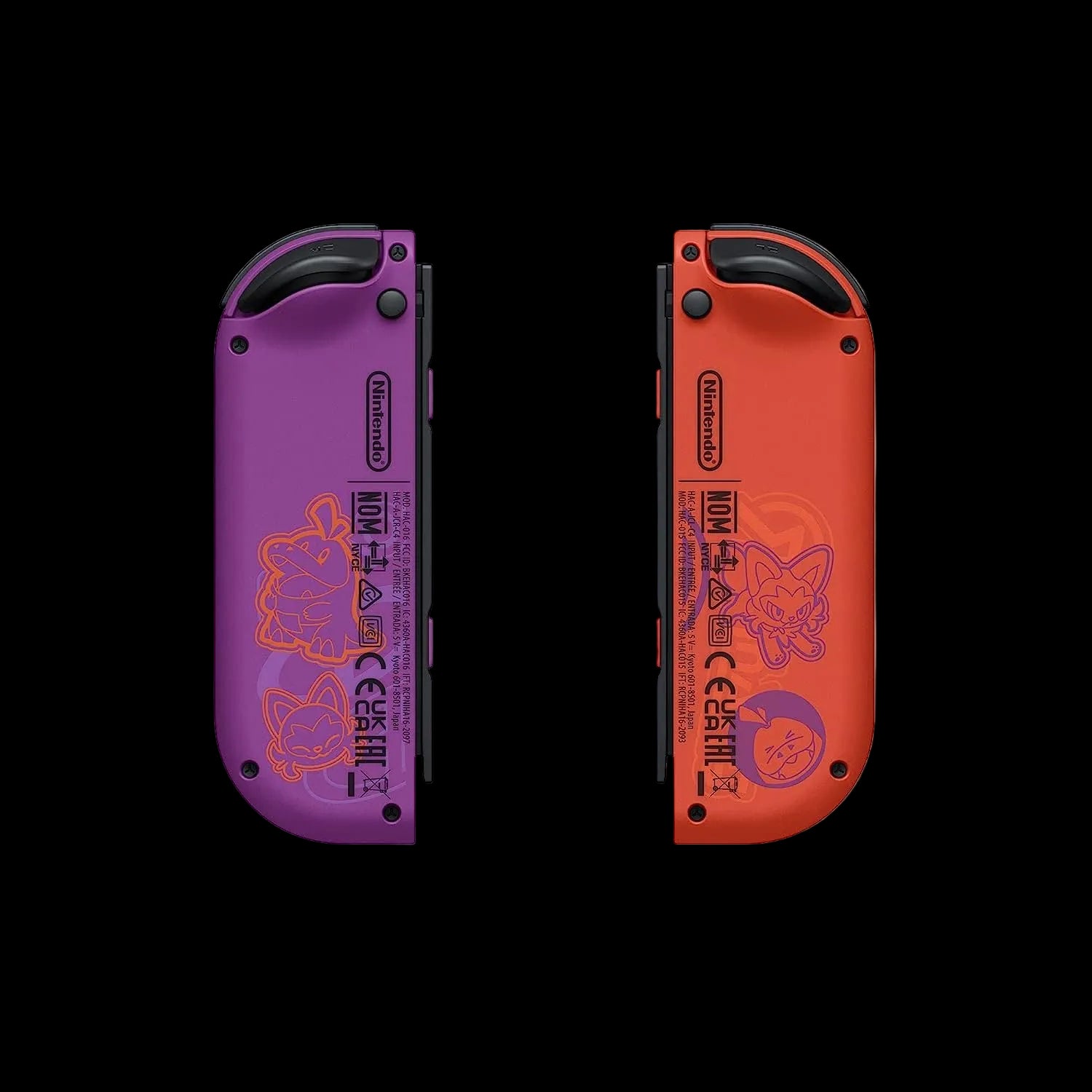 Purple and red handheld gaming consoles with character designs on a white background