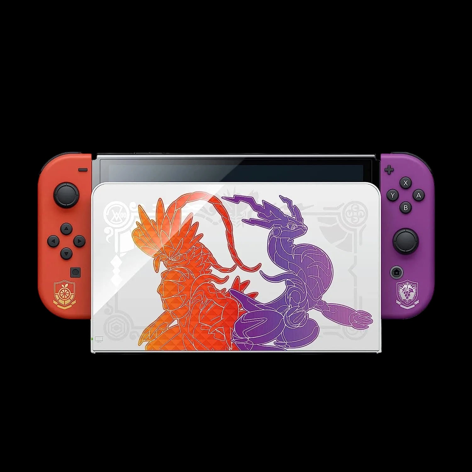 Gaming console with red and purple controllers featuring dragon and rabbit designs on a white background