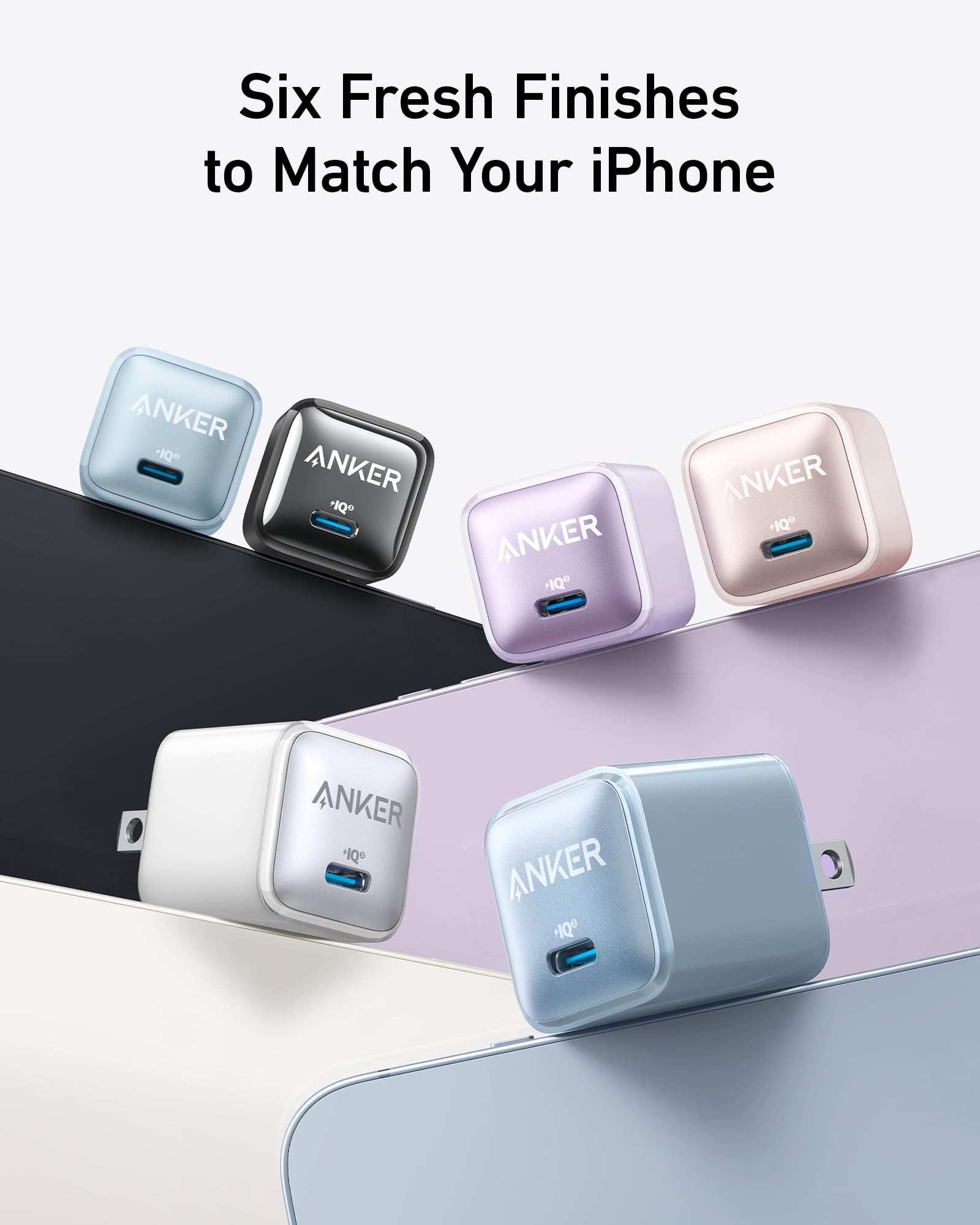 Anker USB-C chargers in various colors on a white background