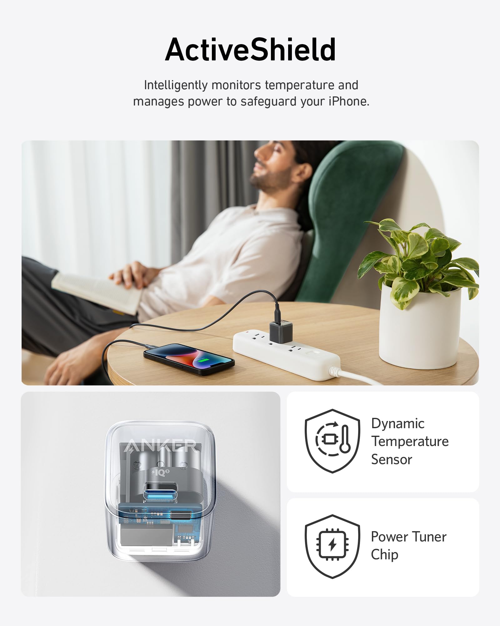 ActiveShield product with a person using an iPhone, dynamic temperature sensor, and power tuner chip icons.