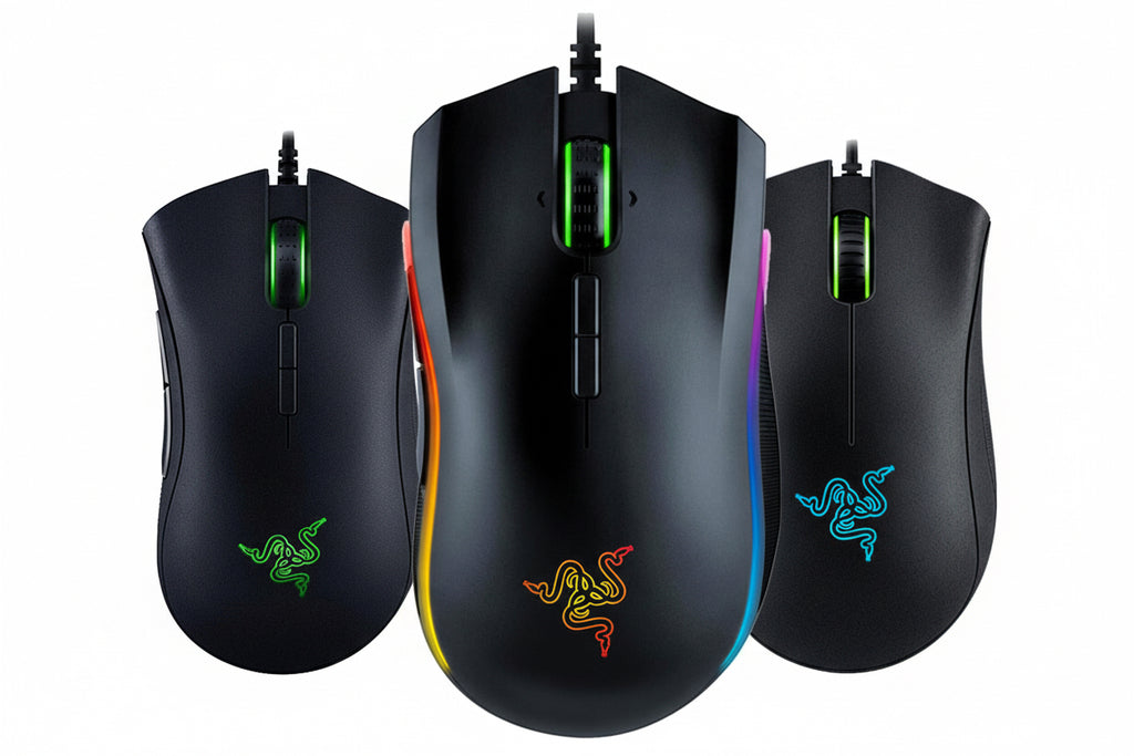 Three Razer gaming mice with RGB lighting on a white background