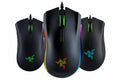Three Razer gaming mice with RGB lighting on a white background