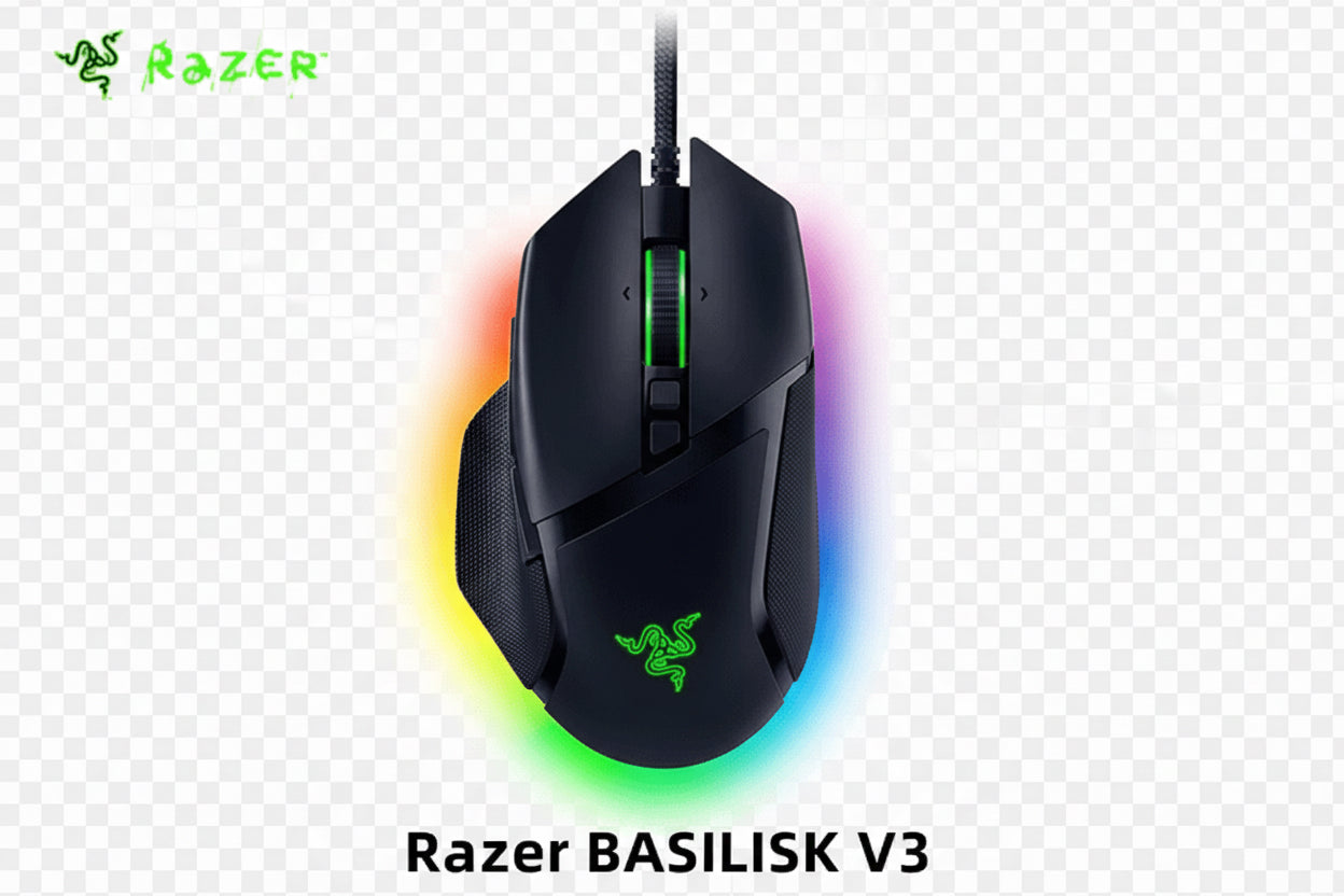 Razer Basilisk V3 gaming mouse with RGB lighting on a white background