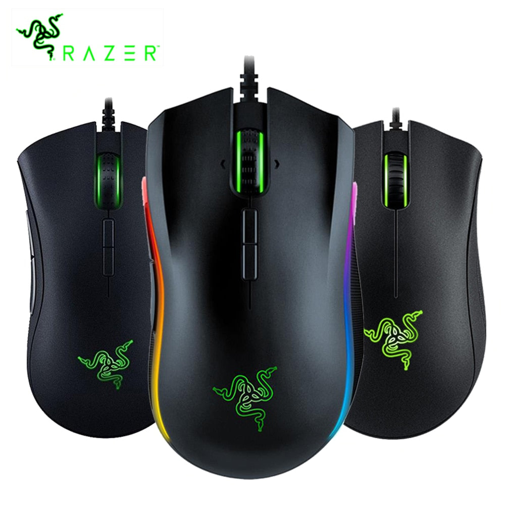 Three Razer gaming mice with RGB lighting on a white background