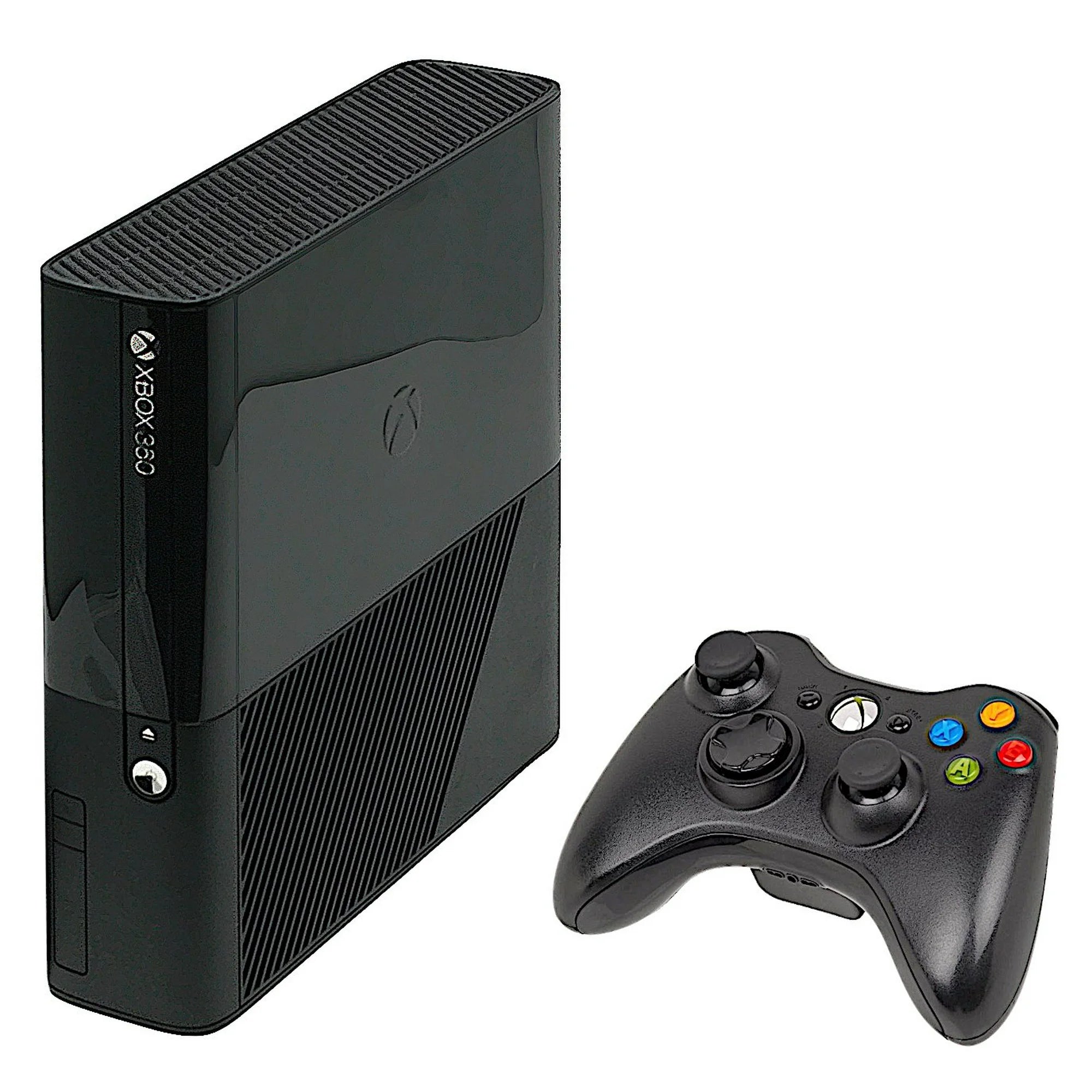 Black gaming console and controller on a white background